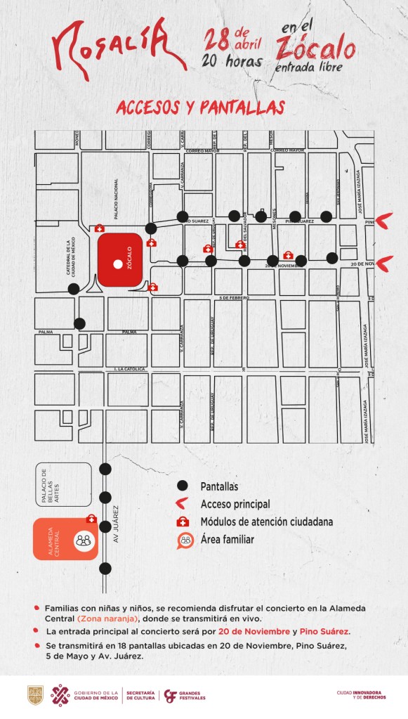 Plano con los detalles para el concierto de Rosalía en el Zócalo de Ciudad de México. (Crédito: Protección civil)