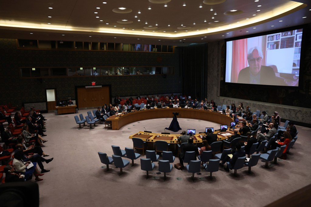 Los delegados del Consejo de Seguridad de la ONU fueron informados a través de video por el coordinador de ayuda humanitaria del organismo, Martin Griffiths, en una reunión para el Mantenimiento de la Paz y la Seguridad de Ucrania celebrada en Nueva York el 15 de mayo. (Foto: Spencer Platt/Getty Images)