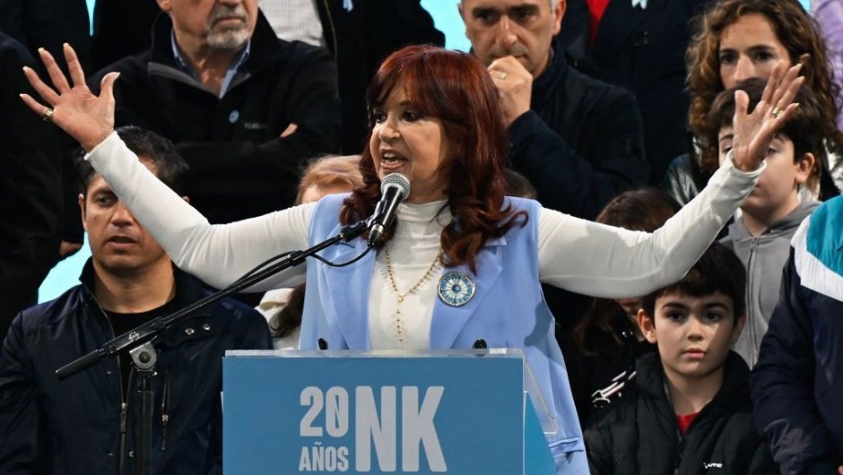 The Vice President of Argentina, Cristina Fernandez de Kirchner, speaks to her supporters in Plaza de Mayo at an event to commemorate the 20th anniversary of Néstor Kirchner's arrival to the presidency.  (Credit: Luis ROBAYO/AFP)