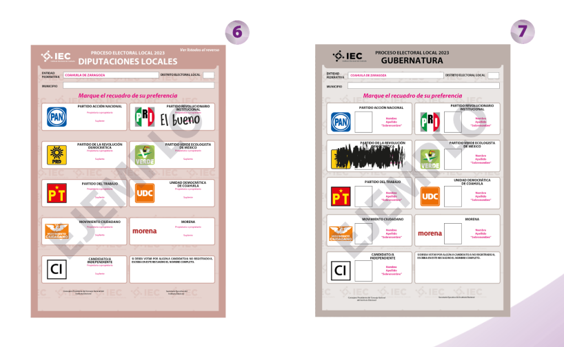 Formas de marcar una boleta en las elecciones para que el voto sea válido.  (Crédito: Instituto Electoral de Coahuila)