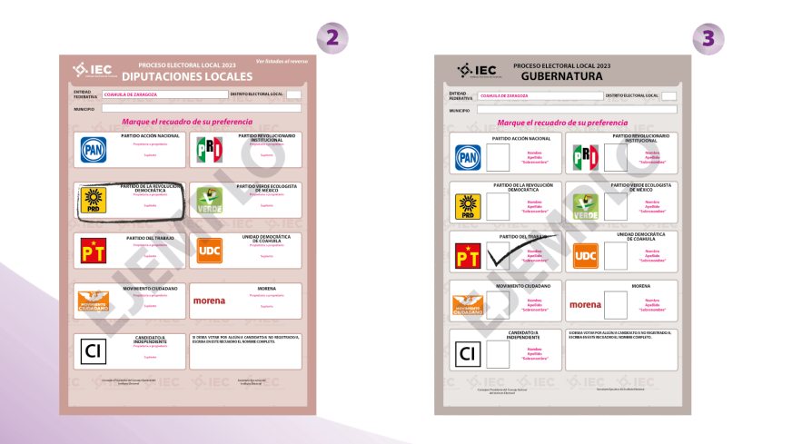 Formas de marcar una papeleta en las elecciones para que el voto sea válido.  (Crédito: Instituto Electoral de Coahuila)
