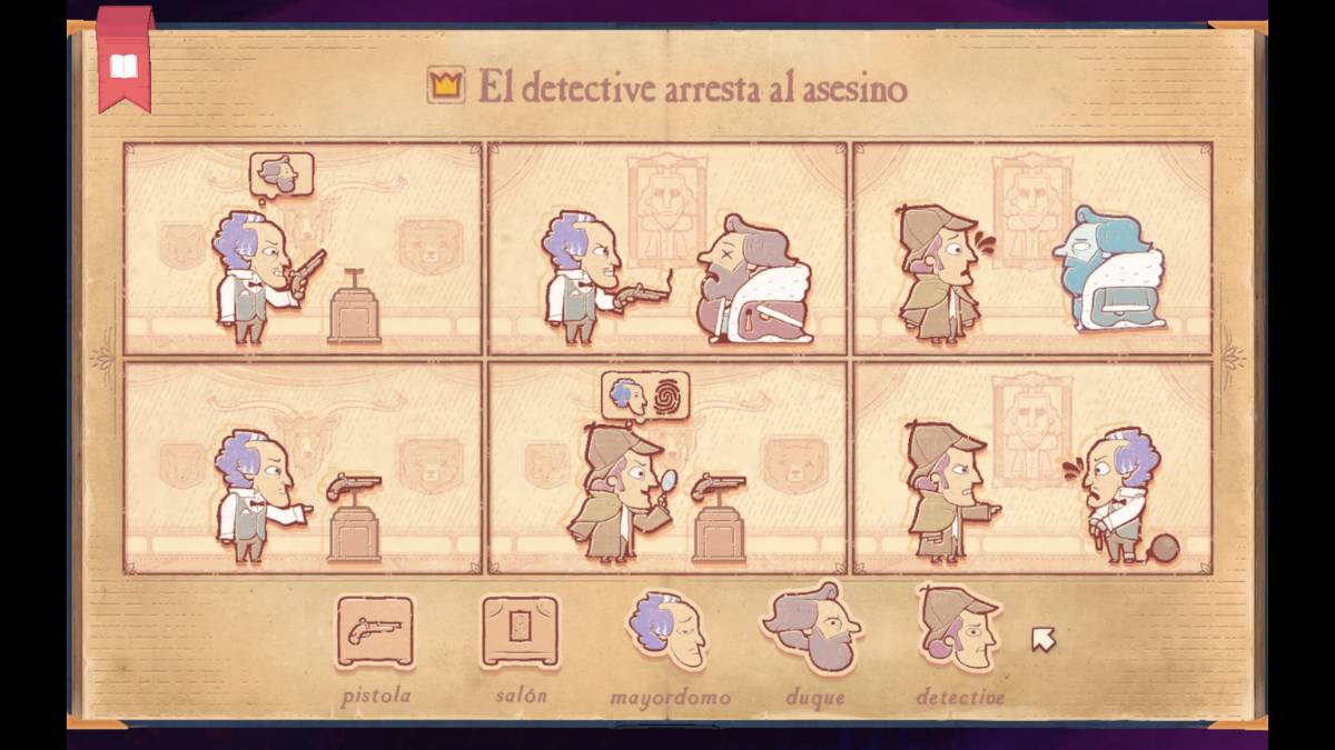 Captura de pantalla del videojuego "Storyteller" con una historia de detectives y asesinos