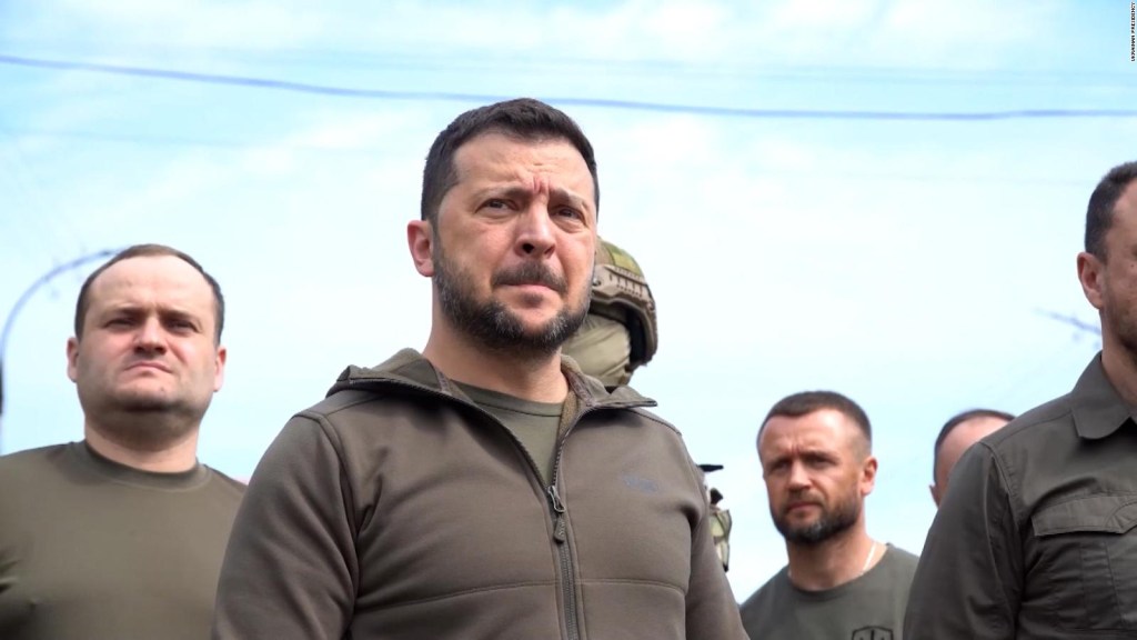 Ukrainian President Volodymyr Zelensky visits the areas flooded by the collapse of the Kherson Dam