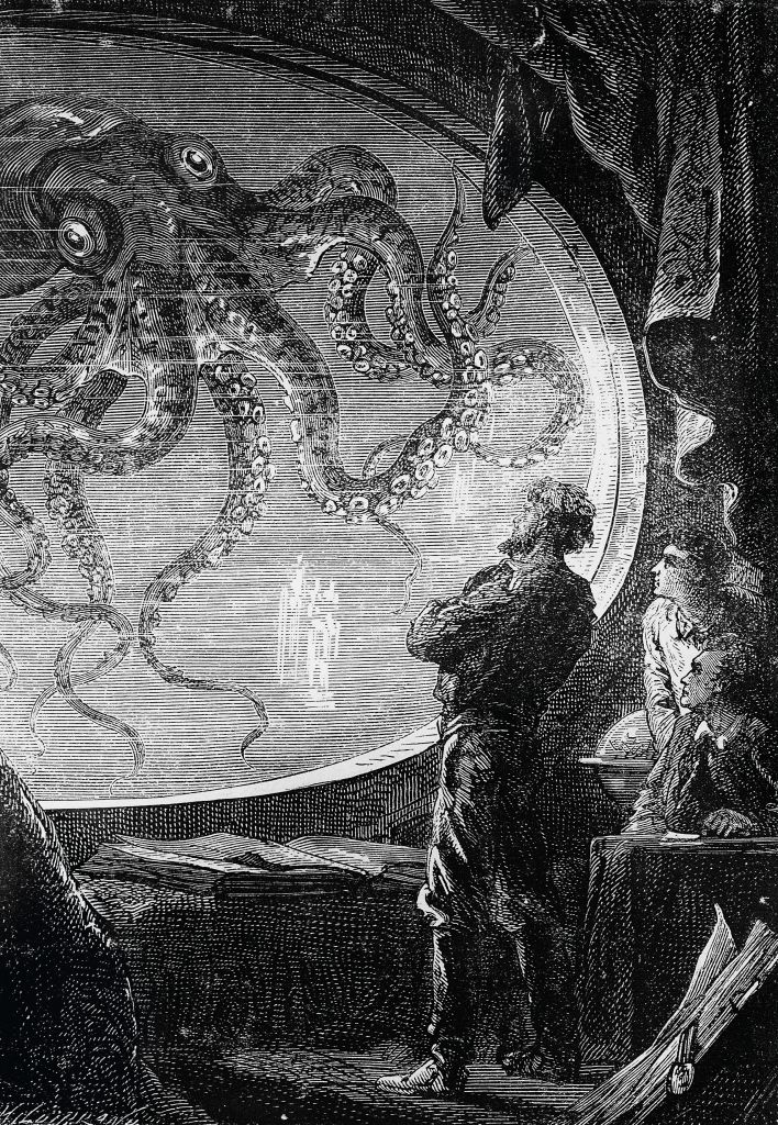 "Pulpo"una ilustración de "Veinte leguas de viaje submarino"de 1870, del escritor Julio Verne (1828-1905), Francia. 