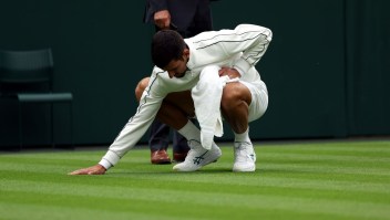 Novak Djokovic atiende el césped de la cancha central durante su victoria en la primera ronda contra Pedro Cachín en Wimbledon. (Neil Hall/EPA-EFE/Shutterstock)