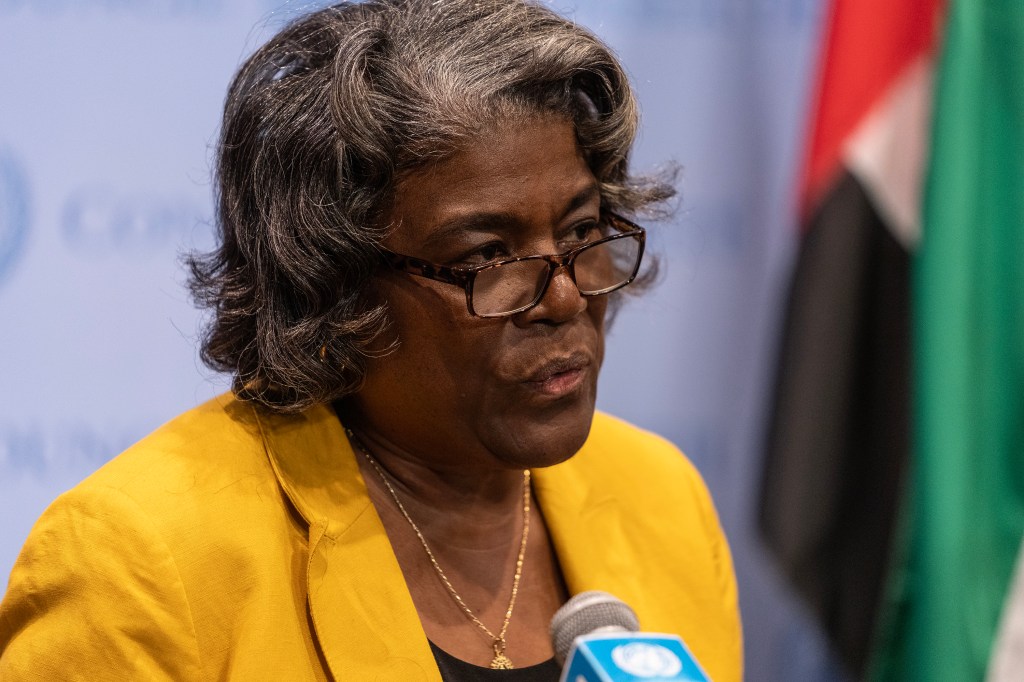 La embajadora estadounidense ante la ONU, Linda Thomas-Greenfield, habla durante el encuentro con la prensa junto a los embajadores de Reino Unido, Francia, Albania y Ucrania antes de la reunión del Consejo de Seguridad en la sede de la ONU el 23 de junio. (Foto: Lev Radin/Pacific Press/LightRocket/Getty Images)