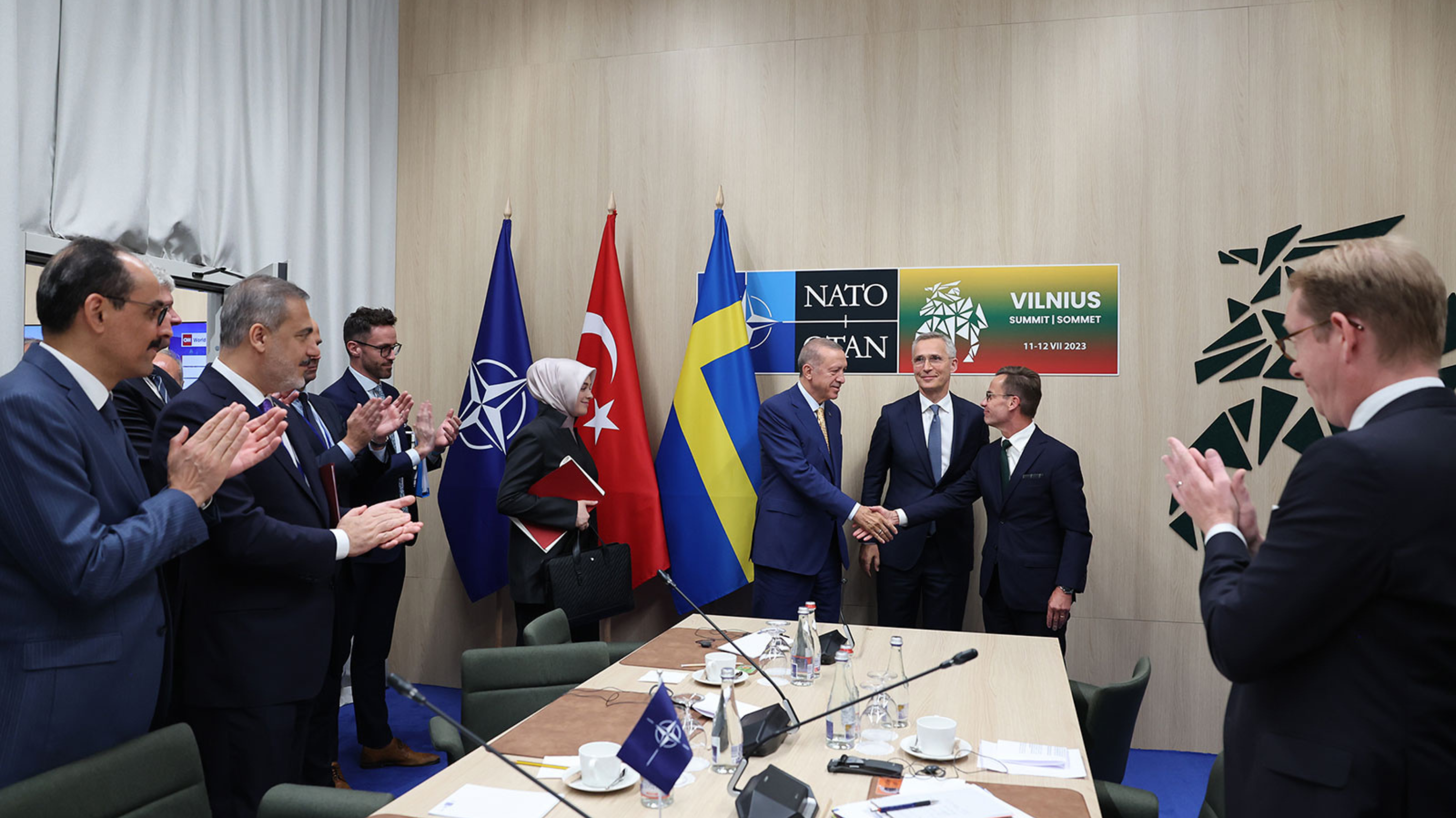 President Recep Tayyip Erdogan with NATO Secretary General Jens Stoltenberg and Swedish Prime Minister Ulf Kristersson during the summit in Vilnius, Lithuania on July 10, 2023. (Photo by TUR Presidency/ Murat Cetinmuhurdar/Anadolu Agency via Getty Images)