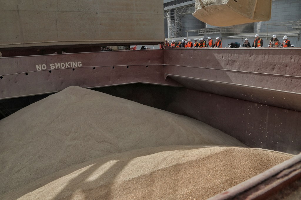 Un contenedor lleno de trigo a bordo de un carguero en un puerto marítimo de la región ucraniana de Odesa el 24 de marzo. (Foto: Reuters)