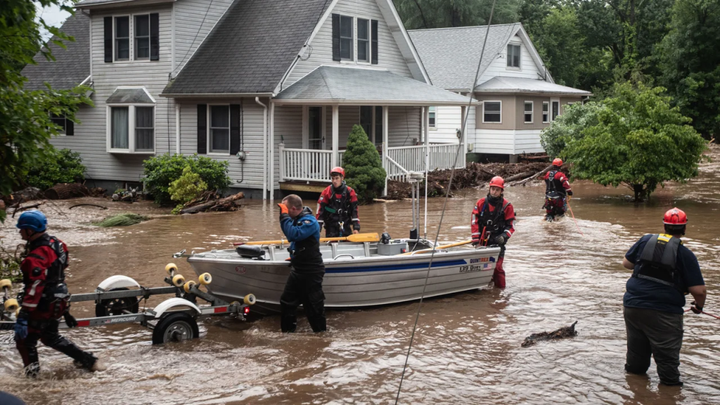 El personal de emergencia utilizó un bote para rescatar a los residentes de las casas inundadas en Lowland Hill Road en Stony Point, Nueva York, este domingo. (Foto: Seth Harrison/The Journal News/USA Today Network)