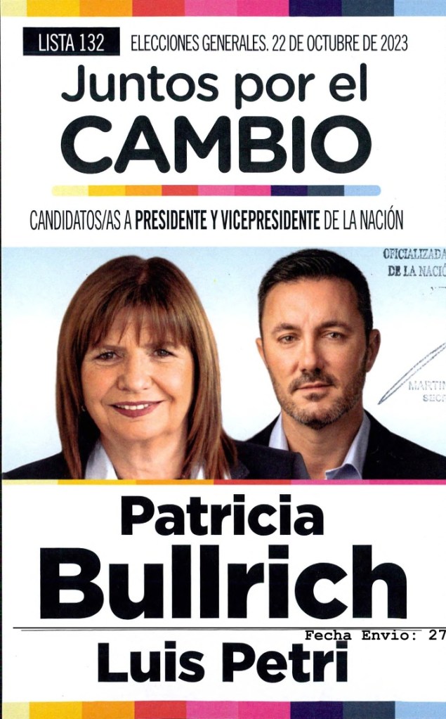 Esta es la boleta de Patricia Bullrich y Luis Petri para las elecciones generales de Argentina. (Crédito: Cámara Nacional Electoral)
