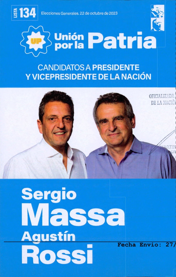 La boleta de Sergio Massa y Agustín Rossi para las elecciones generales de Argentina. (Crédito: Cámara Nacional Electoral)