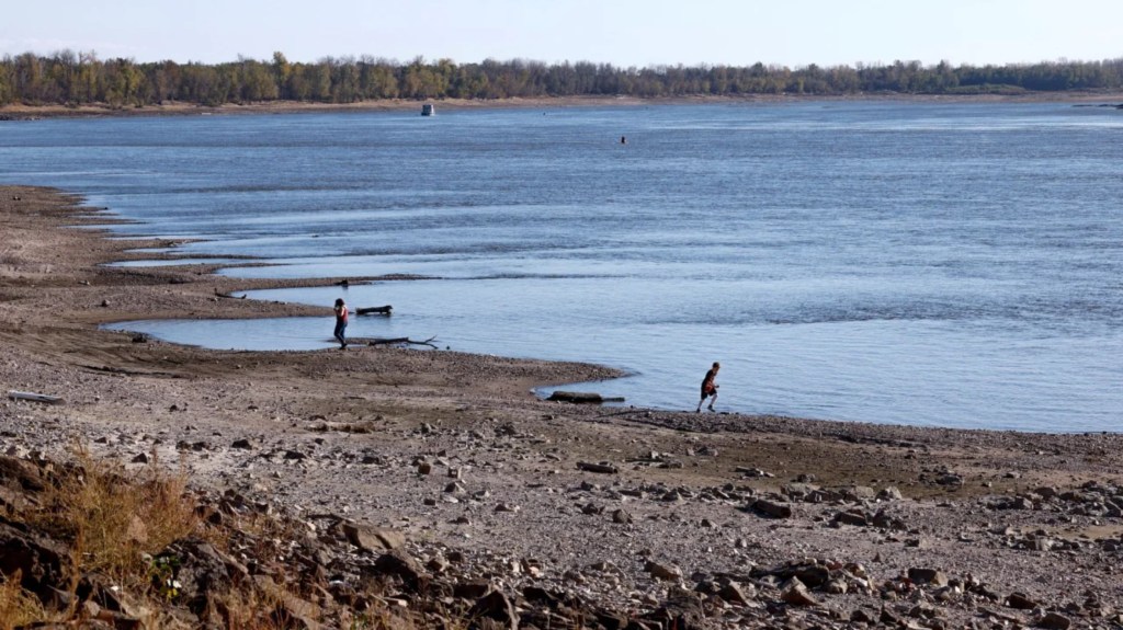 Varias personas caminan por las orillas del río Mississippi, que ha registrado un nivel récord de aguas bajas, en Grand Tower, Illinois, el 2 de noviembre de 2022. (Foto: Evelyn Hockstein/Reuters)