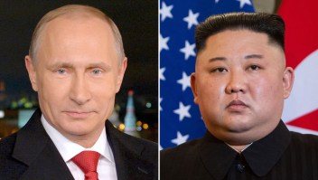 Retratos del presidente de Rusia, Vladímir Putin, el 31 de diciembre de 2014 en Moscú, y del líder de Corea del Norte, Kim Jong Un, el 27 de febrero de 2019 en Hanói. (Crédito: ALEXEY DRUZHININ, SAUL LOEB/AFP vía Getty Images)