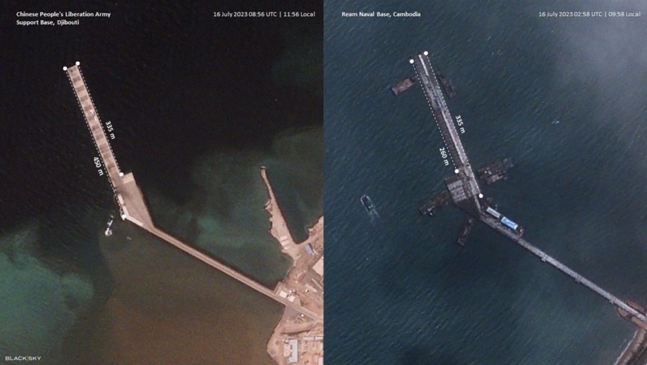 Imágenes de satélite de BlackSky facilitadas a CNN muestran a la izquierda el muelle de la Base de Apoyo del Ejército Popular de Liberación de China en Yibuti, África Oriental, y la Base Naval de Ream en Camboya, el 16 de julio de 2023. (BlackSky)