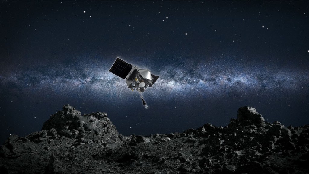 Ilustración de la nave OSIRIS-REx en su descenso hacia la superficie rocosa del asteroide Bennu.(Crédito: NASA/Goddard/Universidad de Arizona)