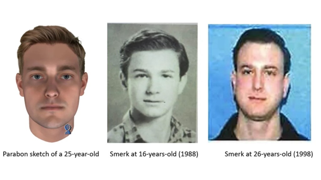 Se compararon fotografías de Smerk de 1988 y 1998 con una imagen compuesta digitalmente del sospechoso creada por Parabon NanoLabs. (Foto: Departamento de Policía del condado de Fairfax)