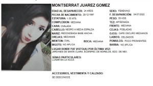 La ficha de búsqueda de Montserrat Juárez emitida por la Comisión de Búsqueda de Personas del Estado de México, conocida como Cobupem. (Crédito: Cobupem)