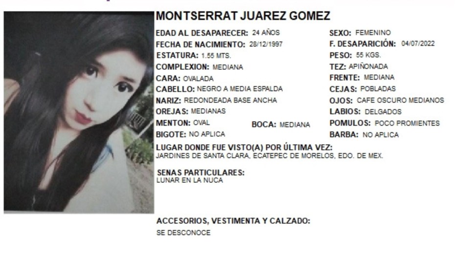 La ficha de búsqueda de Montserrat Juárez emitida por la Comisión de Búsqueda de Personas del Estado de México, conocida como Cobupem. (Crédito: Cobupem)