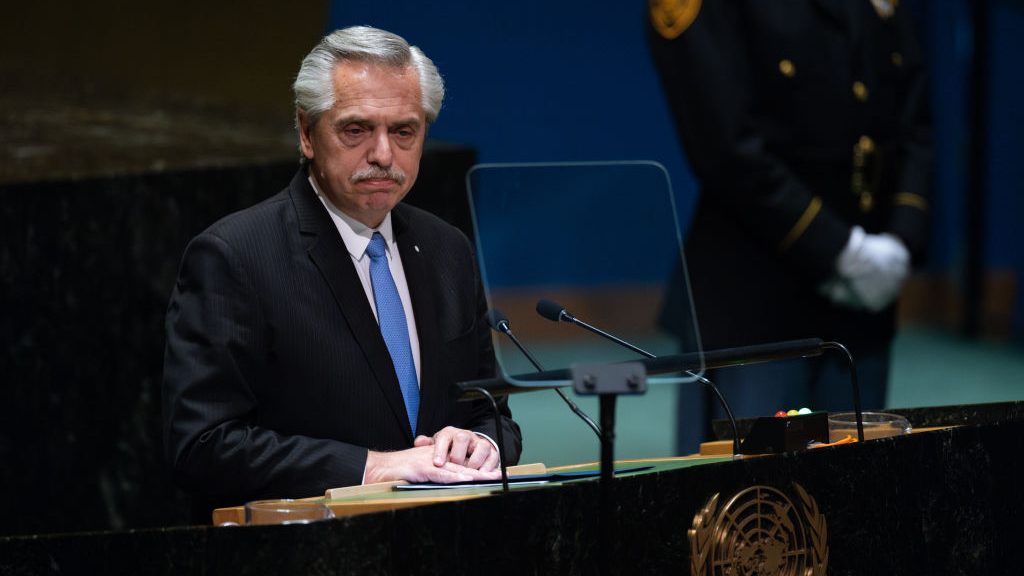 Argentina's President Alberto Fernandez at the United Nations General Assembly in New York on September 19, 2023.  (Credit: Adam Gray/Getty Images)