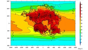 La imagen muestra la temperatura promedio del mes más cálido (grados Celsius) para la Tierra y el supercontinente proyectado (Pangea Ultima) en 250 millones de años, cuando sería difícil para los mamíferos.