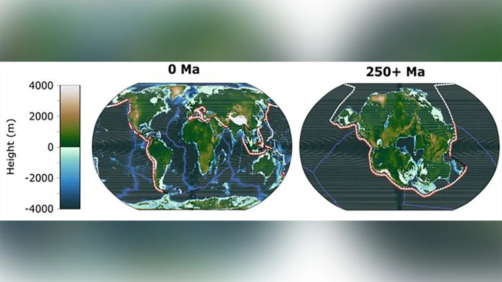 Esta imagen muestra la geografía de la Tierra actual y la geografía proyectada de la Tierra dentro de 250 millones de años, cuando todos los continentes converjan en un supercontinente.