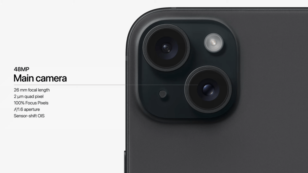 La nueva cámara principal de 48 MP del los iPhone 15 y 15 Plus. (Crédito: Apple)