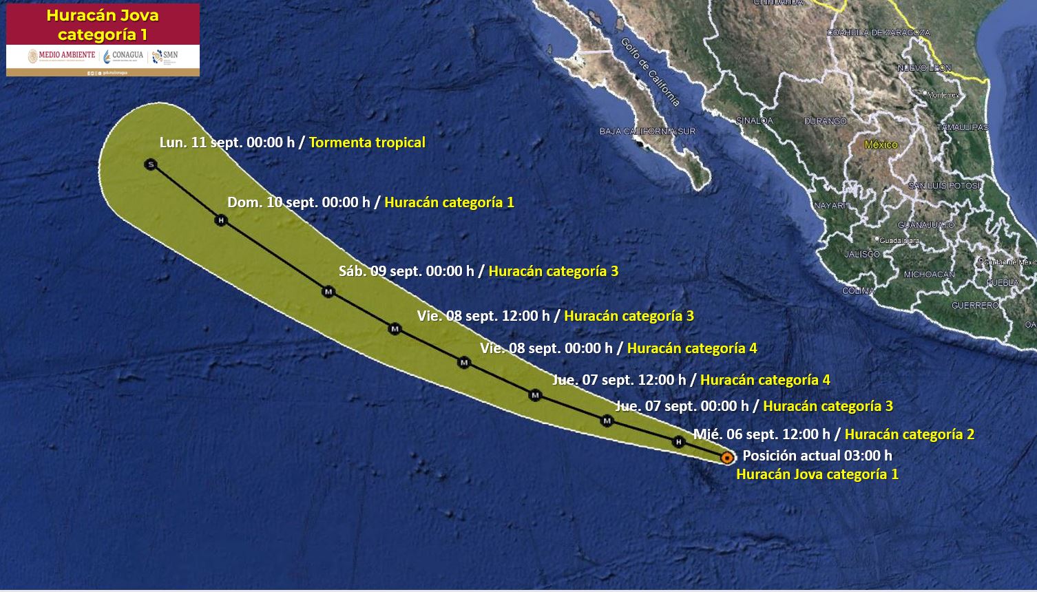 La trayectoria del huracán Jova pronosticada por el SMN. (Crédito: Servicio Meteorológico Nacional)