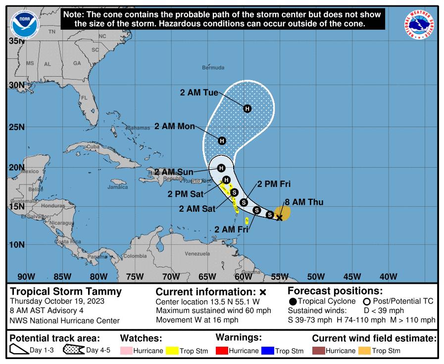 La trayectoria prevista de Tammy. El NHC estima que el ciclón tropical se intensifique a huracán este sábado. (Crédito: NHC)