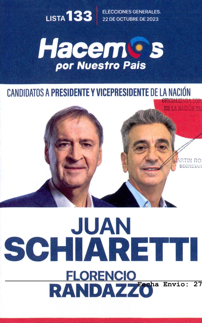 La boleta de Schiaretti y Randazzo para las elecciones generales del 22 de octubre en Argentina. (Crédito: Cámara Nacional Electoral)