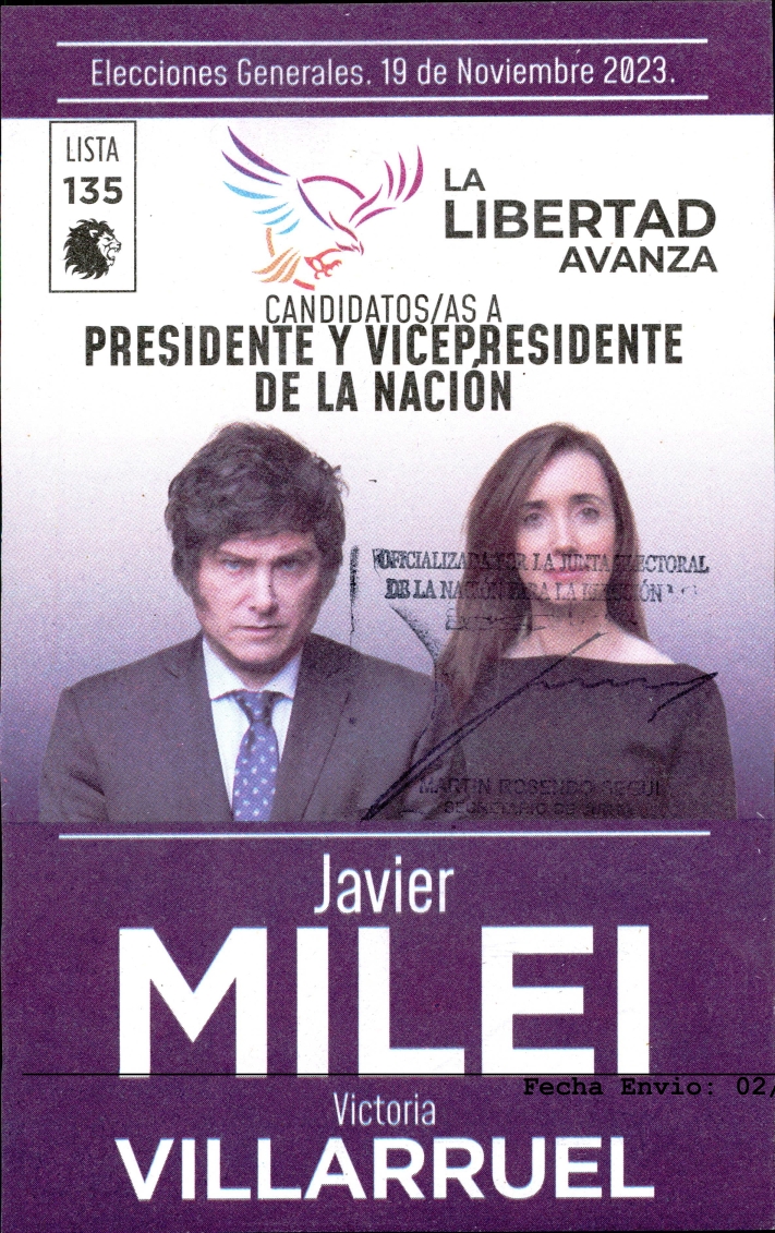 Bajo la lista 135, el partido La Libertad Avanza presenta esta boleta presidencial-vicepresidencial para el balotaje de las elecciones generales 2023 de Argentina. (Crédito: Cámara Nacional Electoral de Argentina)