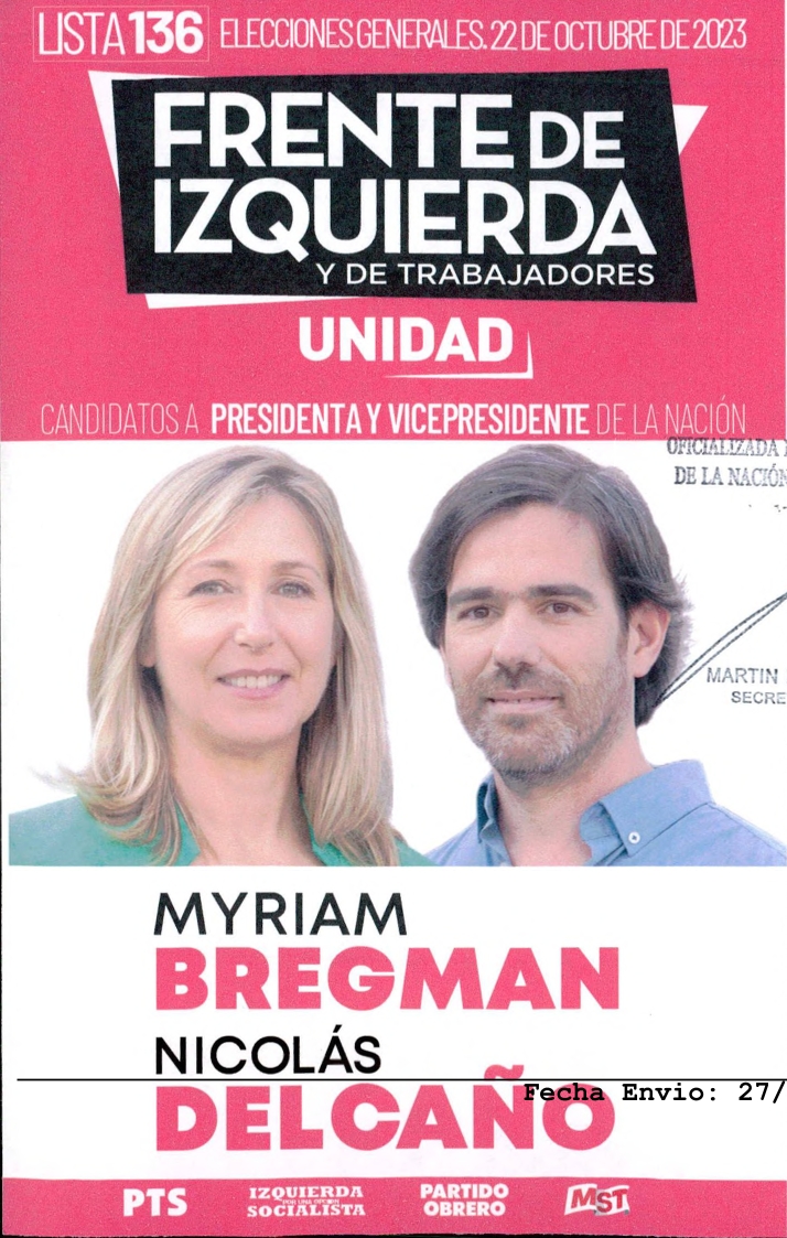 La boleta de Bregman y Del Caño para las elecciones generales del 22 de octubre. (Crédito: Cámara Nacional Electoral)