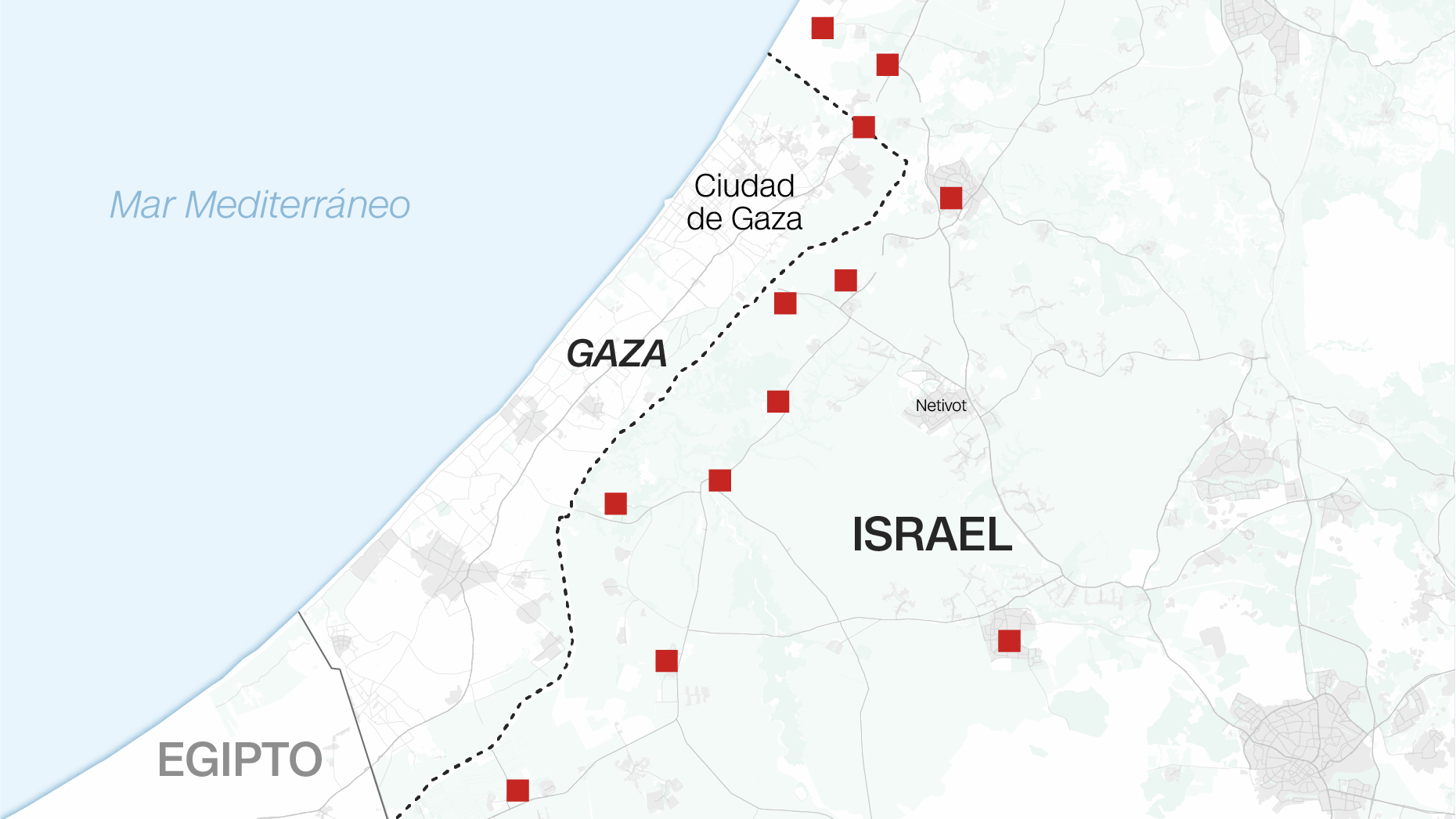 El mapa de las zonas donde se han reportado ataques de Hamas a Israel