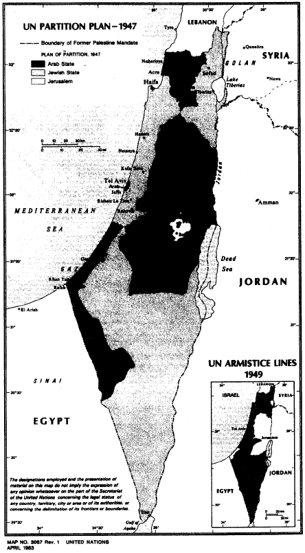 Map showing the 1947 UN plan.  The black area represents the Arab country, the gray area is Israel and the white center is Jerusalem.  (Credit: UN)