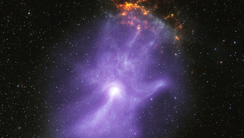Los datos del Observatorio de rayos X Chandra de la NASA y el IXPE contribuyeron a esta imagen compuesta de una nebulosa que se asemeja a una mano brillante. (Crédito: NASA/CXC/Stanford Univ./R. Romani et al.)