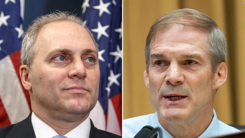 Steve Scalise y Jim Jordan, los dos republicanos que hasta el jueves se disputaban la presidencia de la Cámara de Representantes.