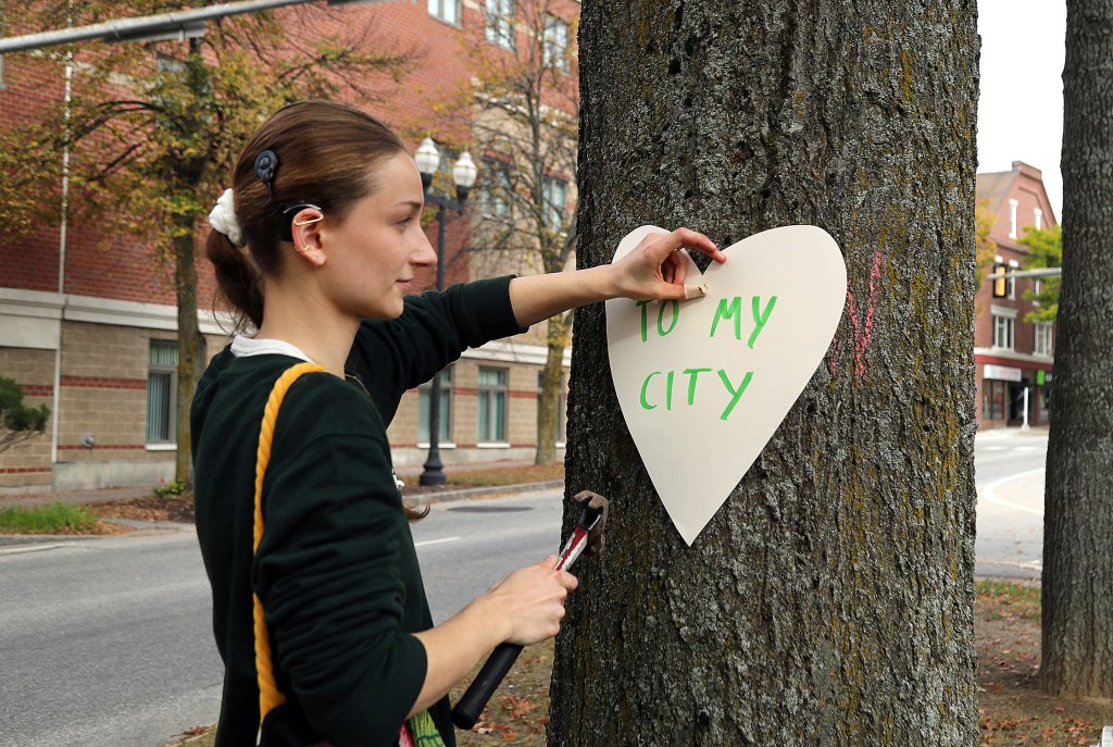 Miia Zellner clava los corazones que hizo en los árboles de Main Street, en Lewiston, el jueves. (Crédito: John Tlumacki/The Boston Globe/Getty Images)