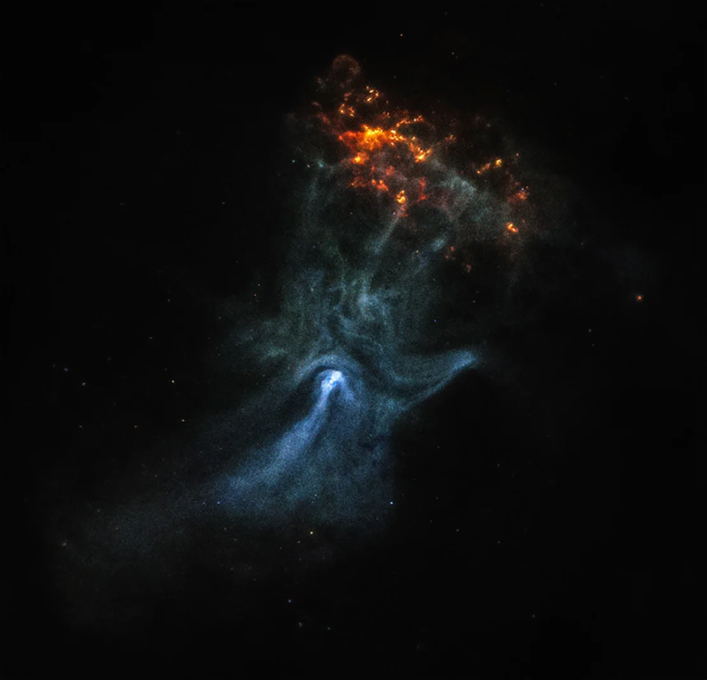 La imagen original de Chandra de la nebulosa muestra el púlsar, el punto blanco brillante dentro de la "palma", mientras que la nube naranja son los restos de una explosión de supernova. (Crédito: NASA/MSFC)