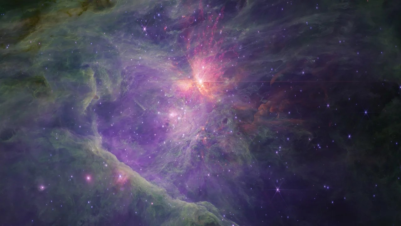 Bu Webb görüntüsü, Orion Bulutsusu ve Yamuk Kümesi'nin iç kısmının uzun dalga boylarındaki ışıkla yakalanmış tüm çalışmasını göstermektedir.  (TENCERE)