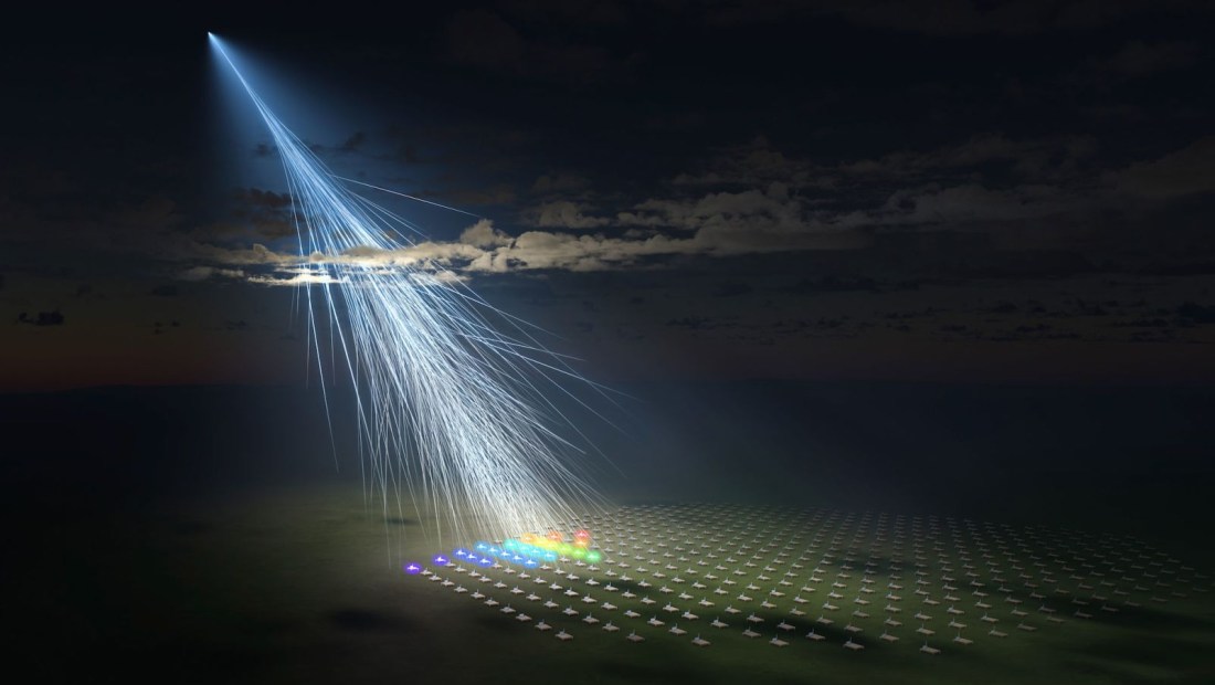 Ilustración artística del rayo cósmico extremadamente energético observado por la Telescope Array Collaboration dirigida por la Universidad de Utah y la Universidad de Tokio. Se la ha denominado "partícula Amaterasu".