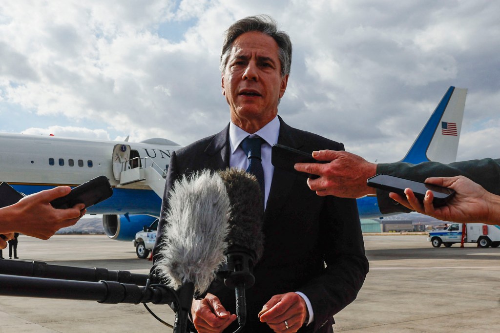 US Secretary of State Anthony Blinken speaks to the media at Ankara Esenboga Airport in Ankara, Turkey, after his meetings with his Turkish counterparts on November 6.  (Jonathan Ernst/AFP/Getty Images/File)
