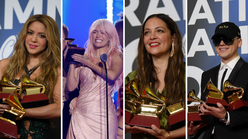 Shakira, Karol G, Natalia Lafourcade y Bizarrap posan con sus premios Latin Grammy.