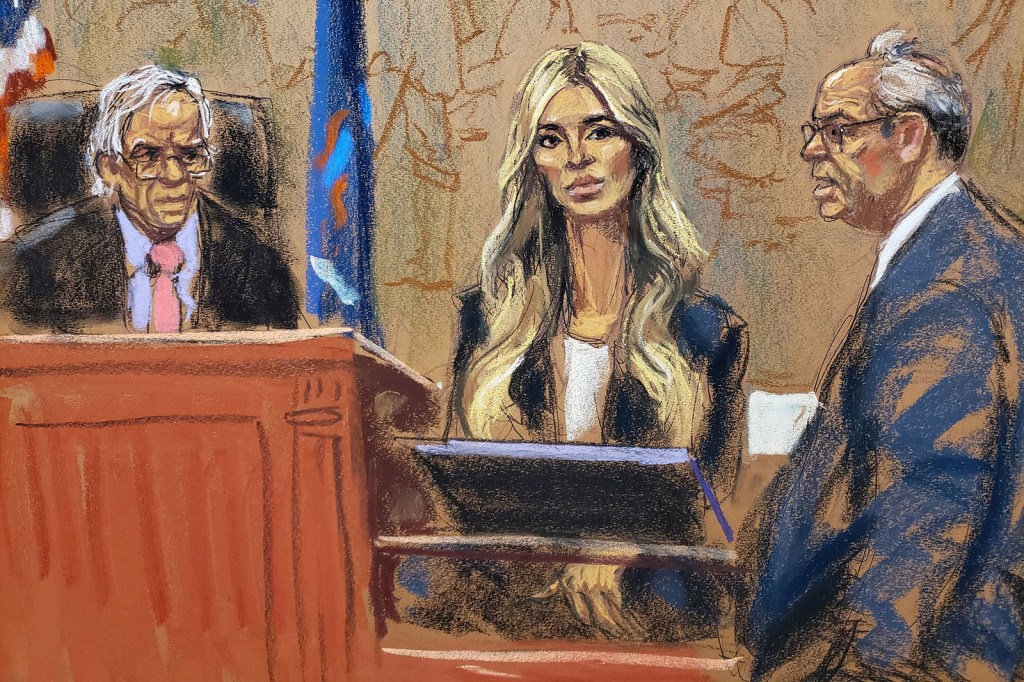 En este boceto judicial, Louis Solomon, abogado de la oficina del fiscal general, interroga a Ivanka Trump en el estrado de los testigos durante el proceso del miércoles. (Jane Rosenberg/Reuters(