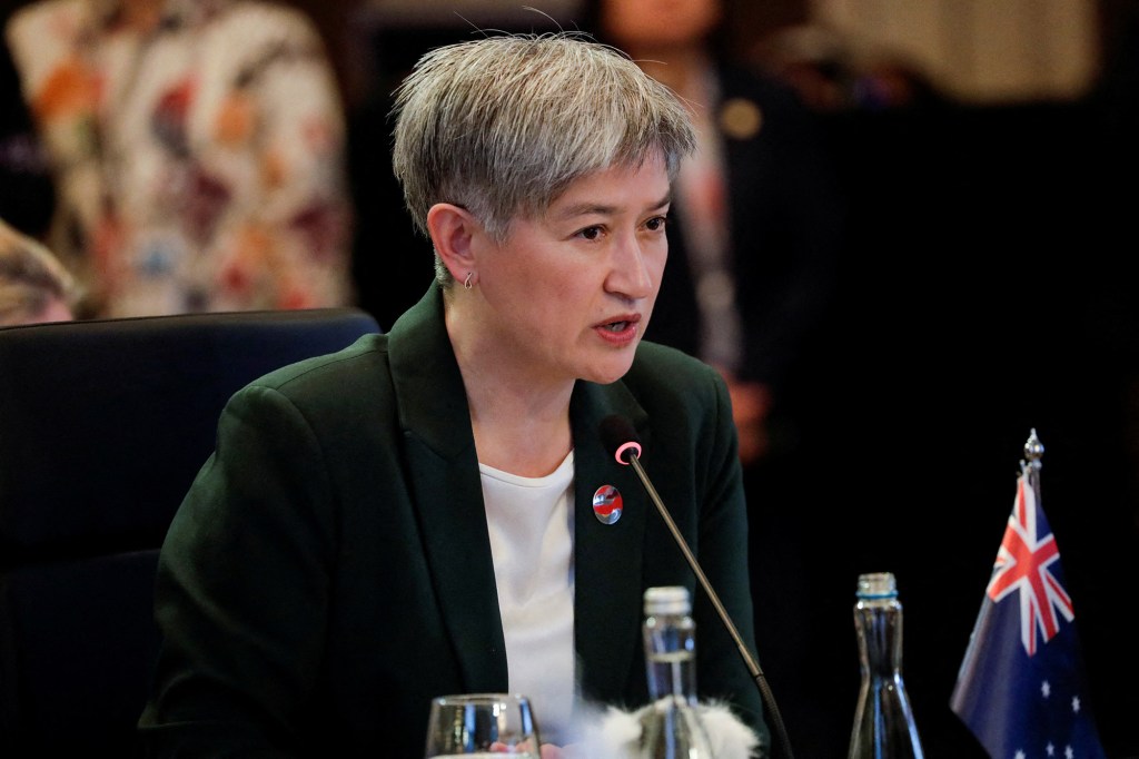 Australian Foreign Minister Penny Wong speaks during the Association of Southeast Asian Nations (ASEAN) post-ministerial conference with Australia on July 13, 2023 in Jakarta.  (Photo by Ageng Dinar Ulfiana/AFP/Getty Images/File)