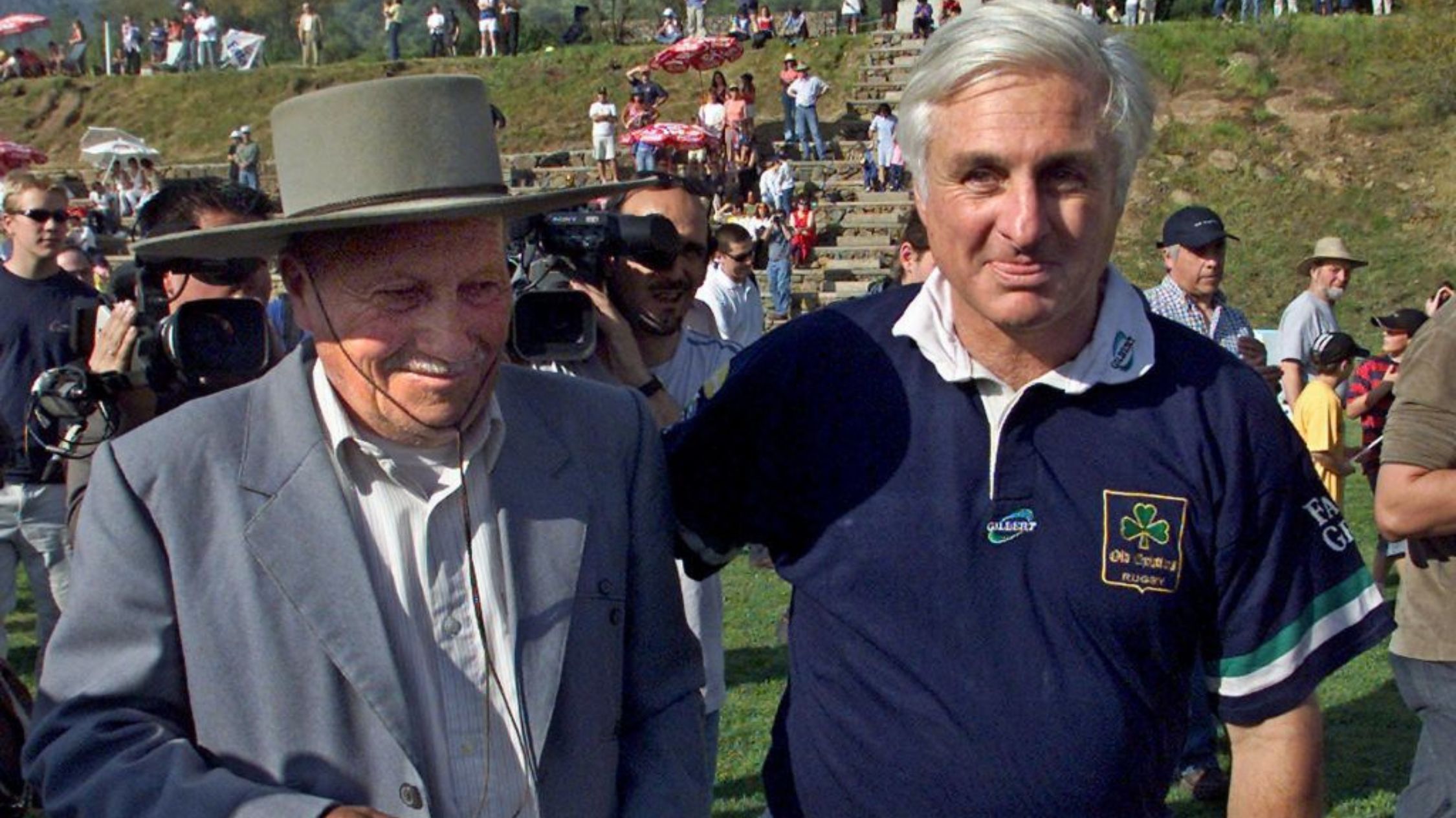 Mule driver Sergio Catalán with Roberto Canessa on 12 October 2002 for the commemoration ceremony of the 30th anniversary of the Andes tragedy.  (Credit: Julio Castro/AFP via Getty Images)