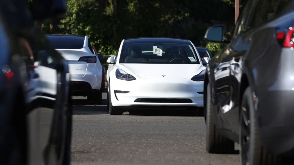 Autos nuevos de Tesla estacionados en un concesionario Tesla el 18 de octubre de 2023 en Corte Madera, California. (Crédito: Justin Sullivan/Getty Images)