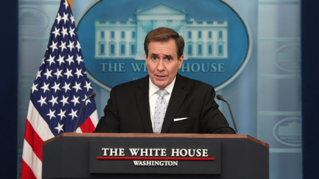 John Kirby, strategic communications coordinator for the White House National Security Council, speaks during the daily briefing at the White House, January 26, 2024, in Washington.  (Credit: Kevin Dyche/Getty Images)