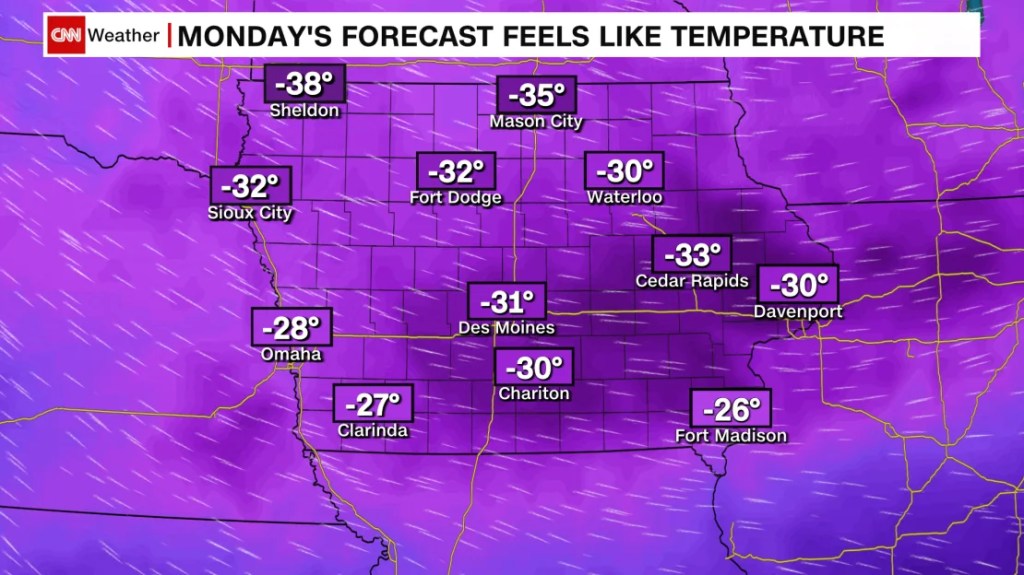 Las temperaturas frías en Iowa, el lunes por la mañana.