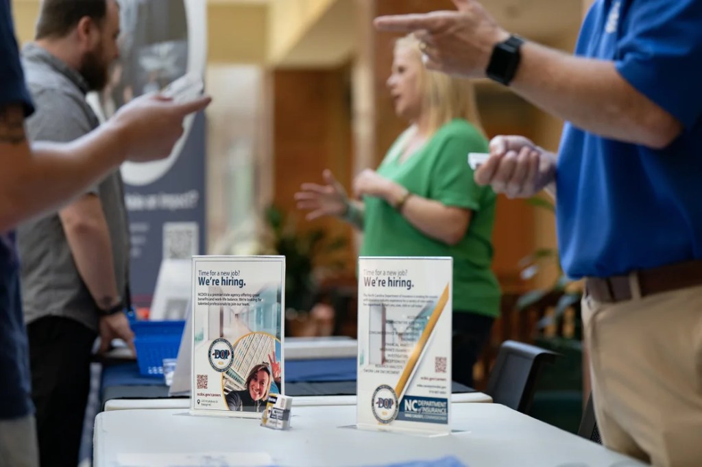 Students attend the Cape Fear Community College Business and Information Technology Career Fair in Castle Hayne, North Carolina.  (Alison Joyce/Bloomberg/Getty Images)