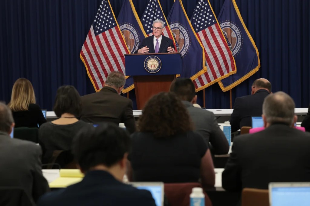 US Federal Reserve Board Chairman Jerome Powell speaks during a news conference at the Federal Reserve headquarters in Washington on December 13, 2023.  (Win McNamee/Getty Images)