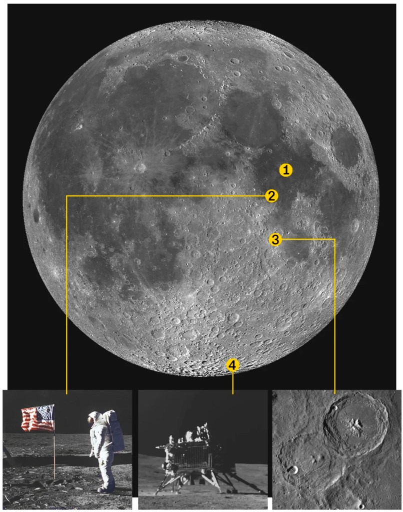 1) El Mar de la Tranquilidad 2) el lugar de aterrizaje del Apolo 11 3) el cráter Shioli al que apunta la misión SLIM y 4) el lugar de aterrizaje lunar Chandrayaan-3. (Imagen: CNN/Getty Images/ISRO/lROC).
